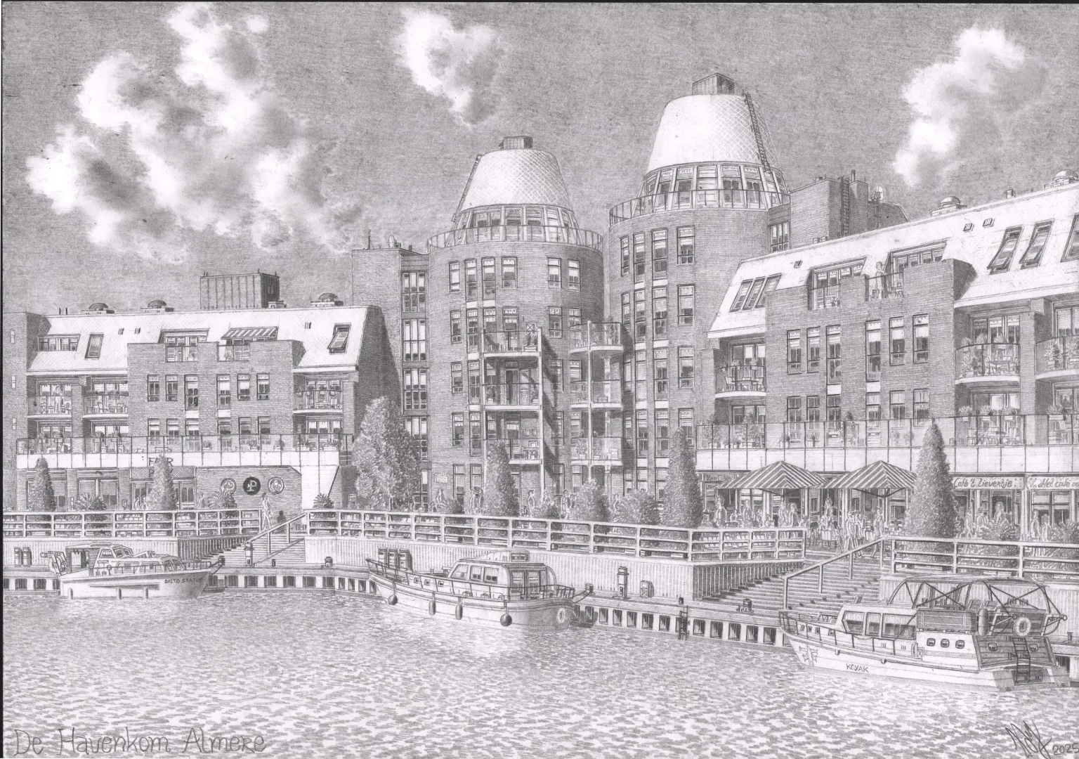 Detailed graphite drawing of the Almere Haven waterfront featuring the boulevard, cafés and moored boats.