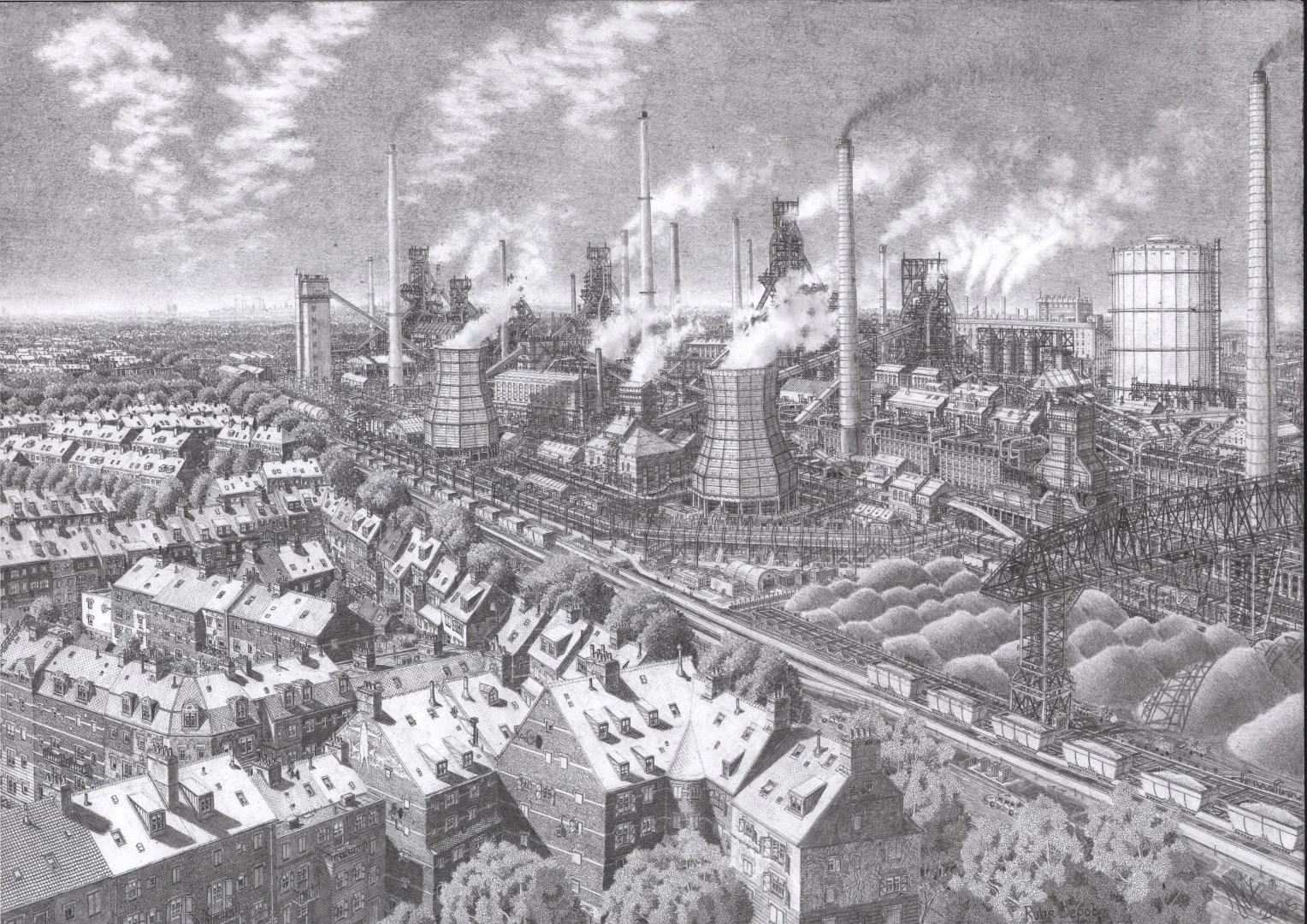 Detailed graphite drawing of an extensive steelworks with blast furnaces, railway lines, factory chimneys and a workers' neighbourhood.