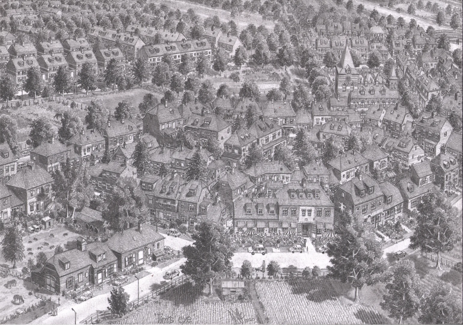 Detailed graphite drawing of an imaginary village with historic houses, trees, farmland and an expansive landscape.